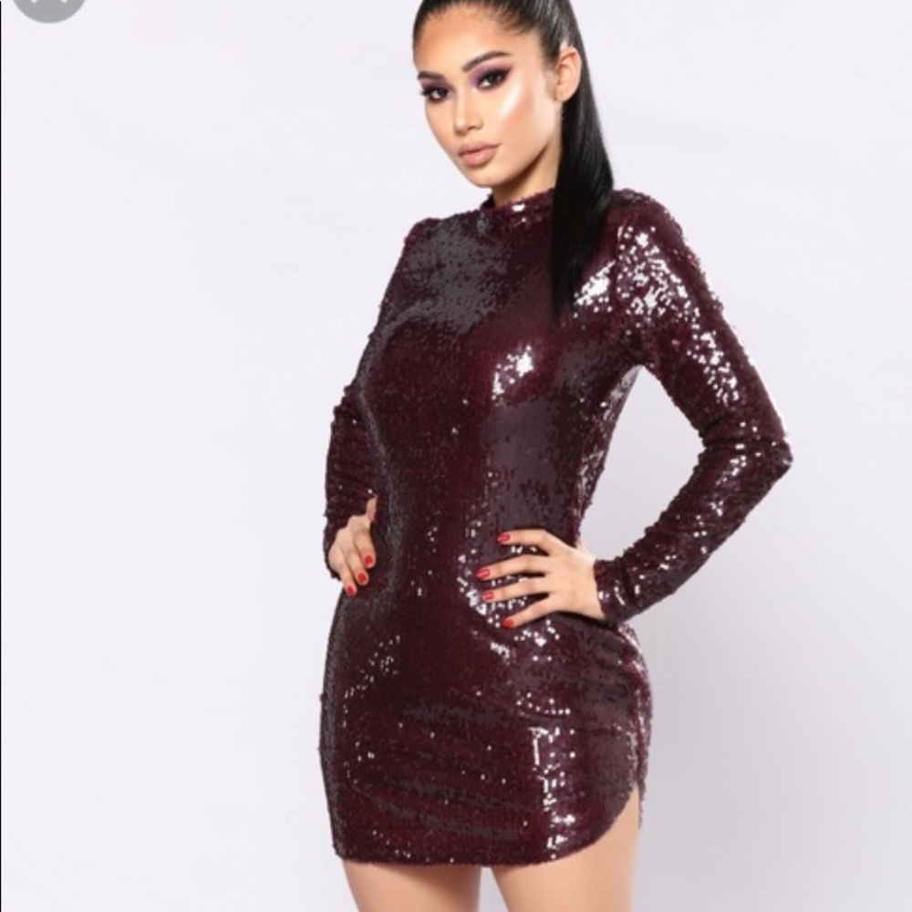 Fashion Nova Sequined Burgundy Dress Long Sleeve